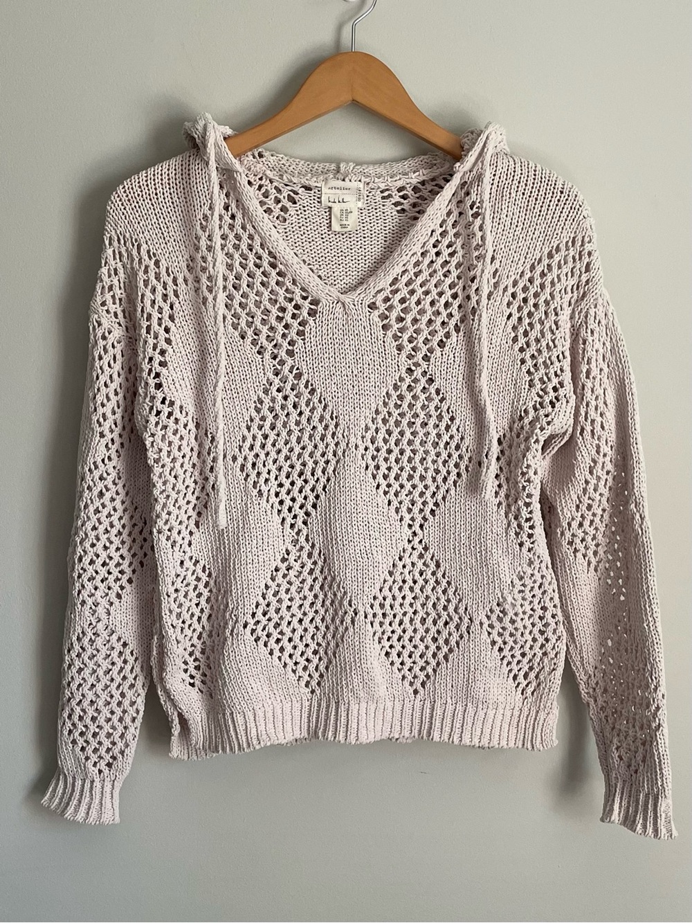 Artelier Nicole Miller Beige Open-Knit V-Neck Hoodie Sweater